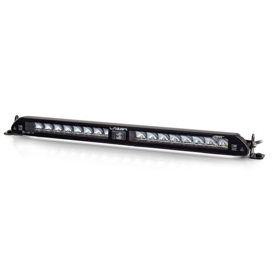 Linear 18 Elite LED light bar by Lazer Lamps, featuring a sleek black aluminum housing, multiple LED lights, and an intelligent low beam assist for enhanced visibility.