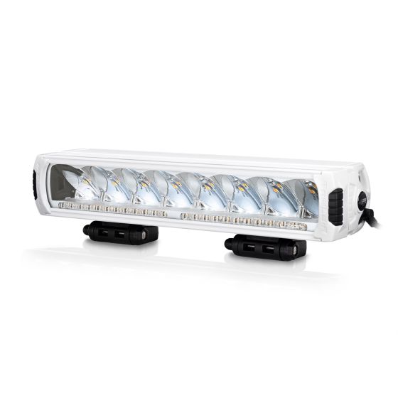 White Lazer Lamps Triple-R 1000 lamp featuring multiple LED lights, a sleek design, and a built-in beacon, mounted on adjustable brackets for versatile installation.