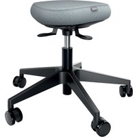 Leitz Ergo Active Sitting Stool, gray cushioned wobble seat, black base with five wheels and adjustable height lever.