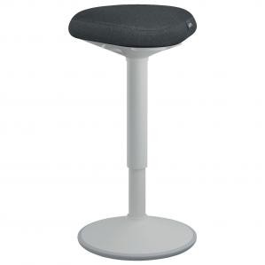 Light grey Sit Stand Chair by Leitz features a padded, dark grey seat on a sleek white base, designed for ergonomic support and adjustable height.