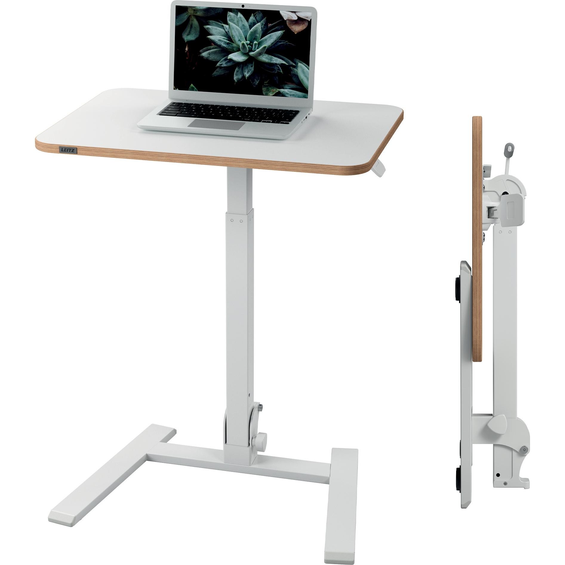Small, foldable sit-stand desk in white with a wooden top, featuring a height-adjustable metal frame and a sleek design, ideal for home or office use.