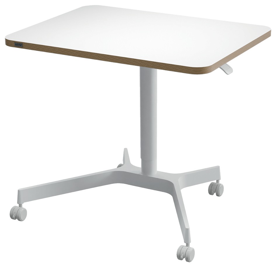 White square tabletop with a wood veneer edge, mounted on a white metal base with a five-spoke design and wheels for mobility, designed for sit-stand use.
