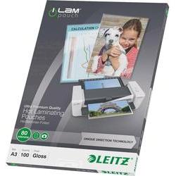 Leitz 7485 A3 glossy laminate sheets, 80 microns thick, packaged in a box with 100 pieces, featuring vibrant colors and a sleek design for high-quality document protection.
