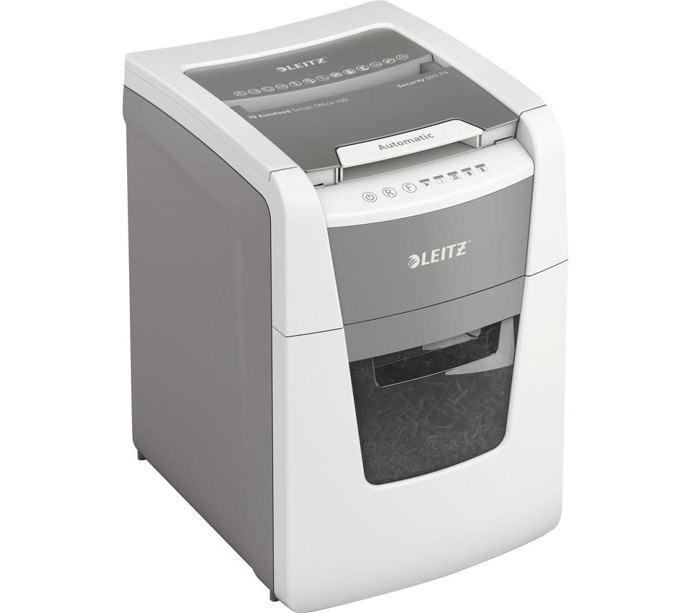 Leitz IQ Autofeed Small Office Cross Cut Paper Shredder P4 in grey and white, featuring an automatic feed slot and a transparent waste bin for easy monitoring.