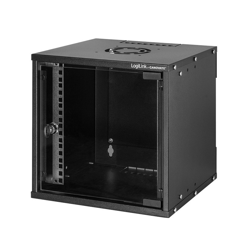 Black 10" wall mount cabinet by LogiLink, 9U size, featuring a sturdy metal construction, glass front door, and ventilation slots on top for optimal airflow.