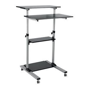 Black and gray LogiLink BP0070 computer desk with three shelves, metal frame, adjustable height, and rolling wheels for easy mobility.