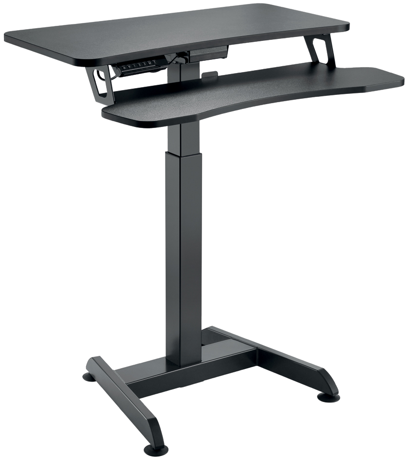 Black LogiLink EO0014 computer desk featuring a sleek design with a sturdy metal frame, adjustable height, and a spacious top surface for monitors and workspace.