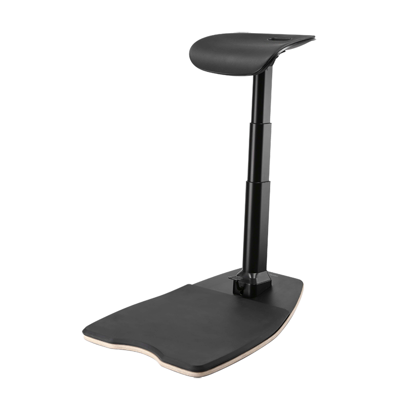 Ergonomic sit-stand stool in black with a contoured seat, adjustable height, and a sturdy anti-fatigue mat base for comfort during prolonged use.