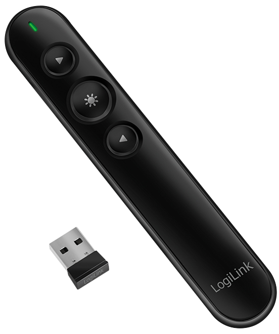 Wireless presenter in sleek black with three buttons and a green indicator light, accompanied by a USB receiver for connectivity.