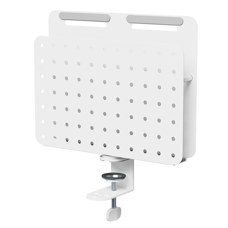 White LogiLink pegboard with a clamp-on design, featuring a perforated surface for organization, measuring 362x445mm, and a rotating mechanism for versatile use.