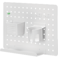 White LogiLink pegboard, wall-mounted, 420x320mm, with hooks, containers, and shelf for office organization.