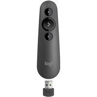Black Logitech R500 laser presentation remote with three buttons and USB receiver.