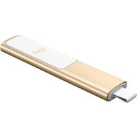 Gold Logitech Spotlight presentation remote with USB-C charging port and sleek rectangular design.