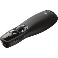 Black Logitech Wireless Presenter R400 with navigation buttons and red laser pointer.