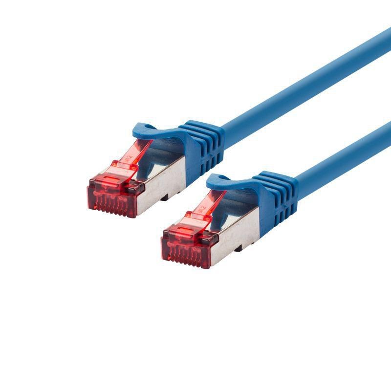 Blue Ethernet cable with two red plastic connectors, designed for professional networking, featuring a durable material and a length of 30 meters.
