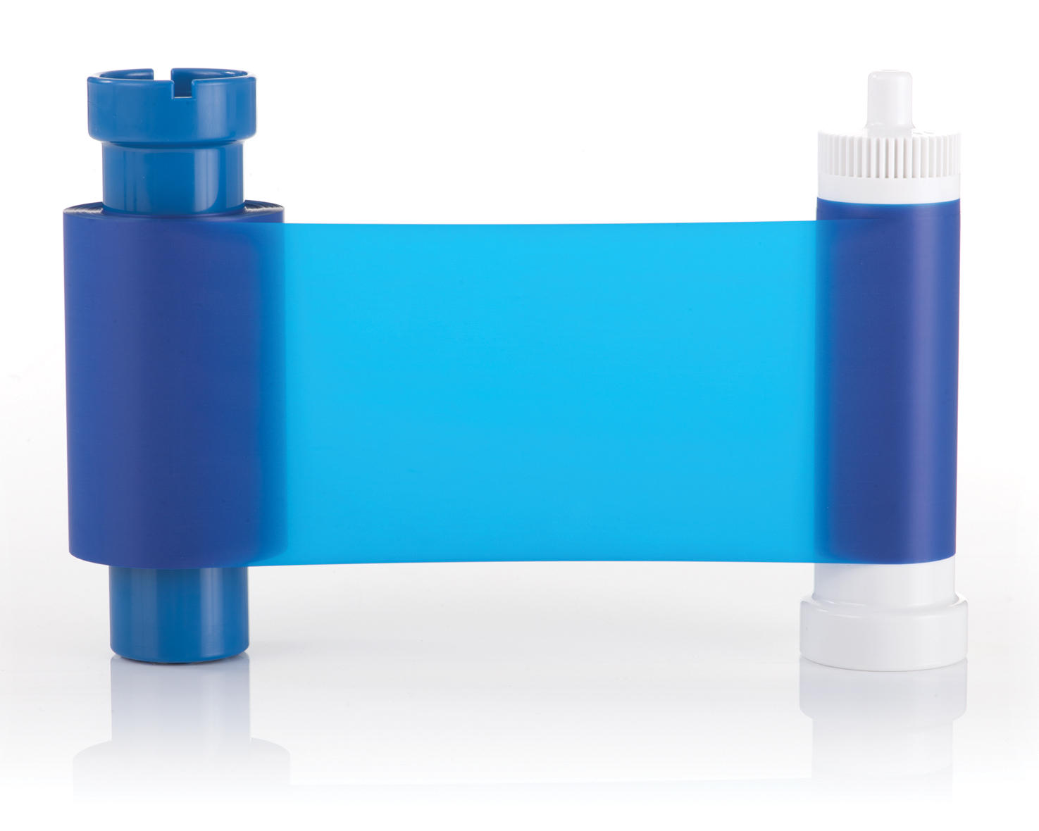 Blue ribbon cartridge for MAGICARD printers, featuring a transparent blue film and two end caps, designed for 1000 prints.