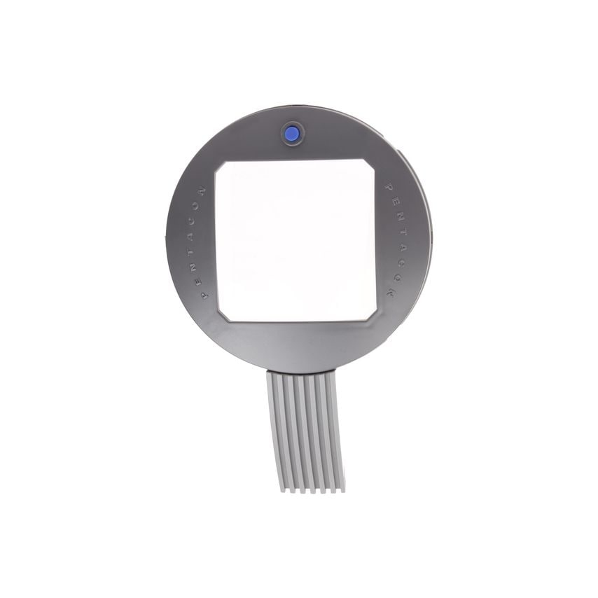 Handheld magnifying glass with a 3x magnification, featuring a circular gray plastic frame, a square lens, and a textured grip handle.