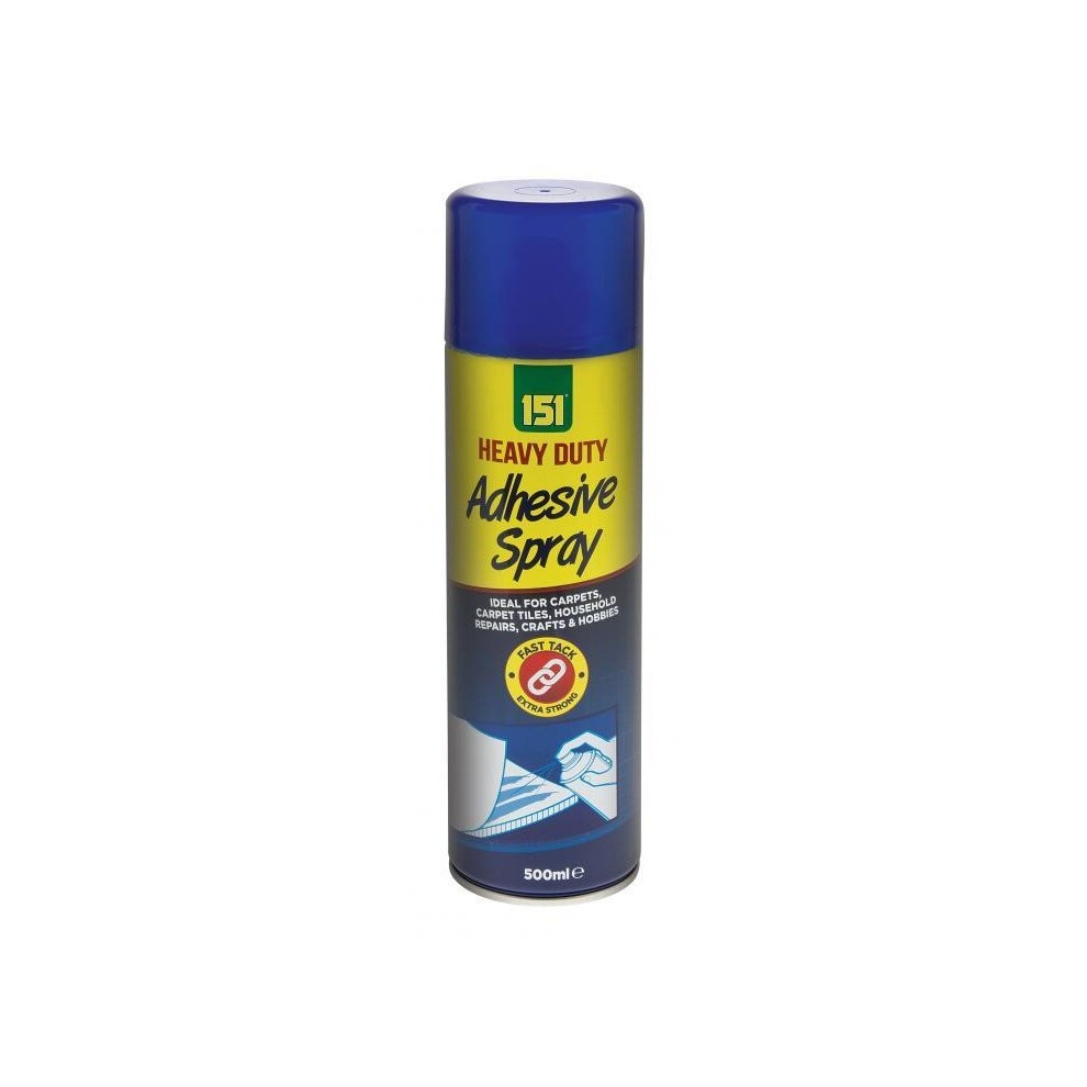 Blue and yellow spray can labeled "151 Heavy Duty Adhesive Spray," 500ml, featuring a graphic of adhesive application, ideal for carpets and other materials.