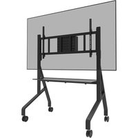 Black Neomounts TV trolley with adjustable mount, sturdy frame, two shelves, and four caster wheels for easy mobility.
