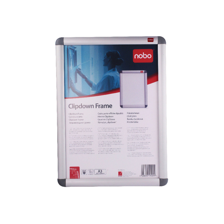 Nobo silver document holder with a clip-down frame, measuring 297 x 420 mm, featuring a sleek design and a sturdy aluminum finish, ideal for displaying documents.