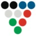 Assorted pack of 10 Nobo magnetic markers in 20mm size, featuring black, blue, green, red, white, and orange colors, with a round design for easy use on magnetic surfaces.