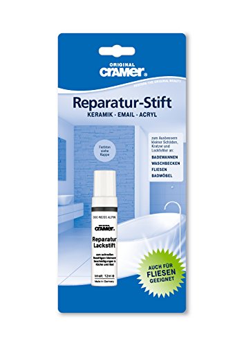 Cramer S201AMZ Bath Touch Up Stick in Alpine White, 12 ml, packaged in a blue and white card with text highlighting its use for ceramic, enamel, and acrylic surfaces.