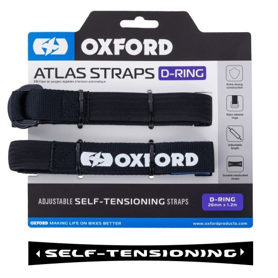 Black Oxford Atlas D-Ring self-tensioning straps, featuring adjustable lengths of 26 mm x 1.2 m, displayed on packaging with branding and key features highlighted.