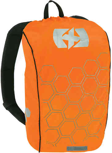 Bright orange backpack cover featuring a hexagonal pattern, made from durable material, with reflective accents and a black strap for easy attachment.