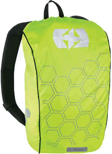 Bright yellow hi-vis backpack cover featuring a hexagonal pattern, made from durable material, designed for visibility and safety, with adjustable straps for secure fit.