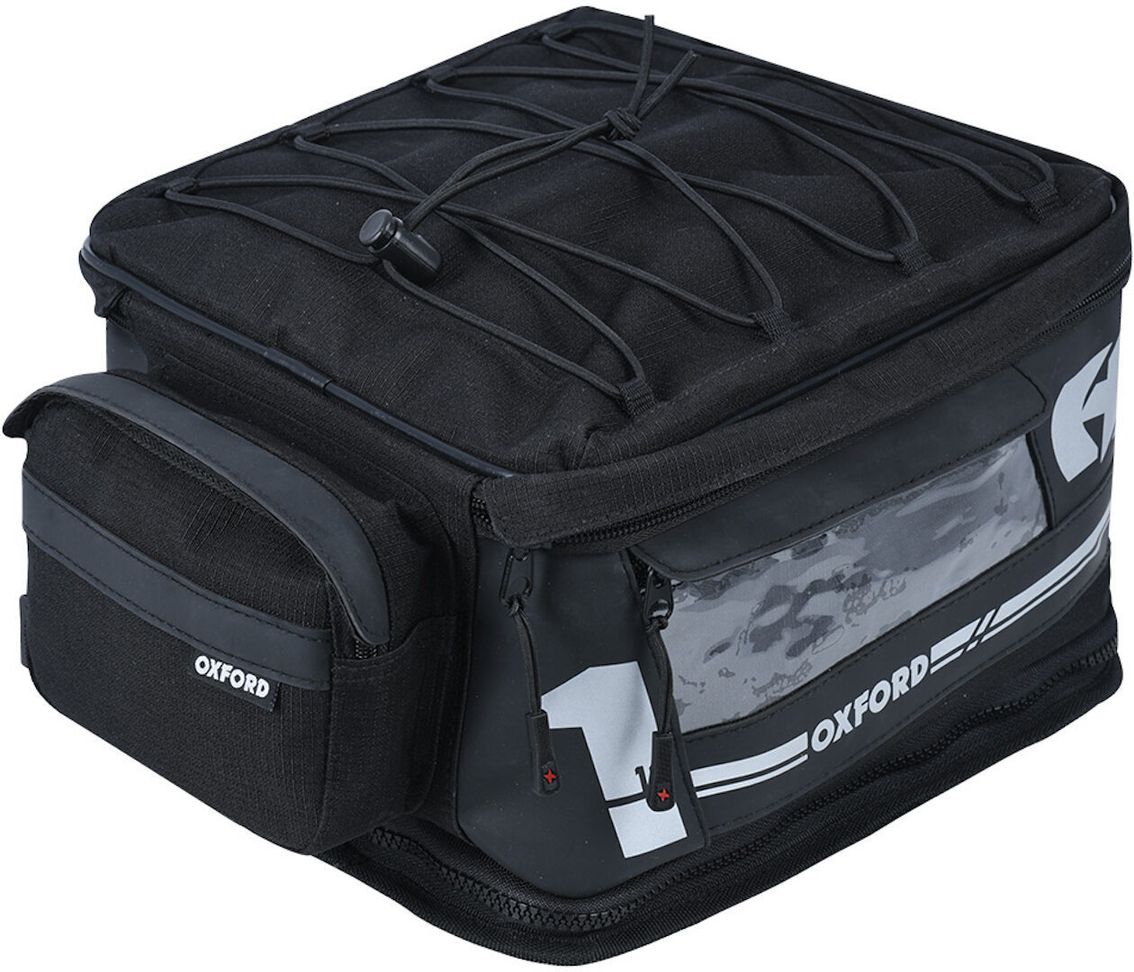Black Oxford OL448 Tail Bag with a spacious main compartment, front zippered pocket, bungee cord on top, and transparent panel for easy access to contents.