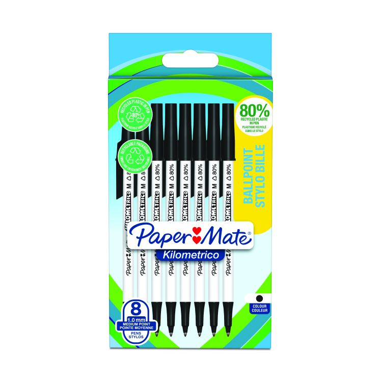 Eight black Papermate Kilometrico medium tip ballpoint pens in a colorful packaging, featuring a blue and green design with clear labeling of the product name and pen details.