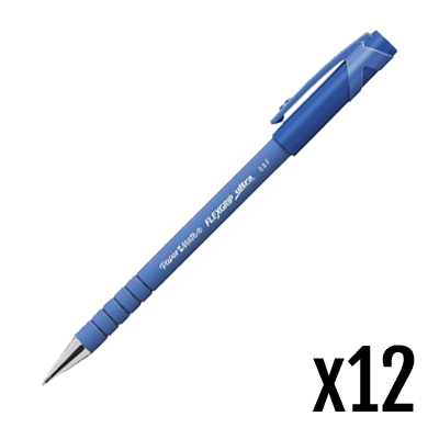 Blue PaperMate Flexgrip Ultra ballpoint pen with a medium tip, featuring a textured grip and clip, packaged in a set of 12.