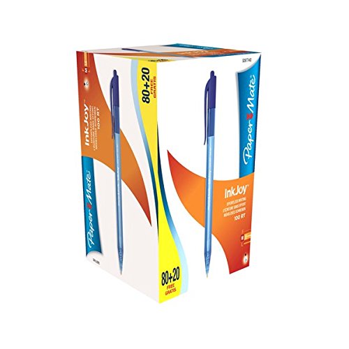 Pack of 100 Paper Mate InkJoy retractable pens featuring blue and orange packaging with a clear plastic window displaying the pens and their black ink tips.