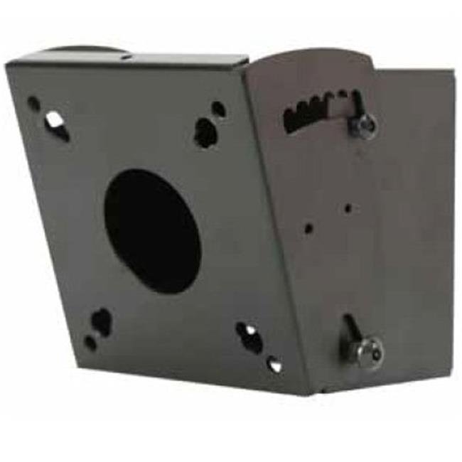 Black metal signage display mount featuring a rectangular design with a central circular opening and multiple mounting holes for easy installation.