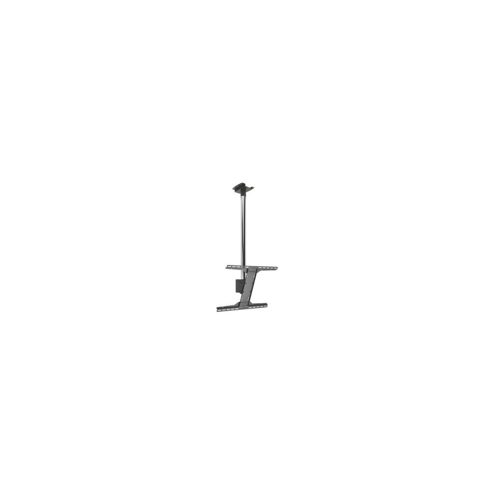 Black metal signage display mount designed for 75" screens, featuring a sturdy vertical pole and adjustable brackets for secure installation.
