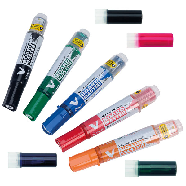 Assorted Pilot V-Board Master drywipe markers in vibrant colors (black, green, blue, orange, pink) with a sleek design, including 30 pens and 20 refills in a pack.