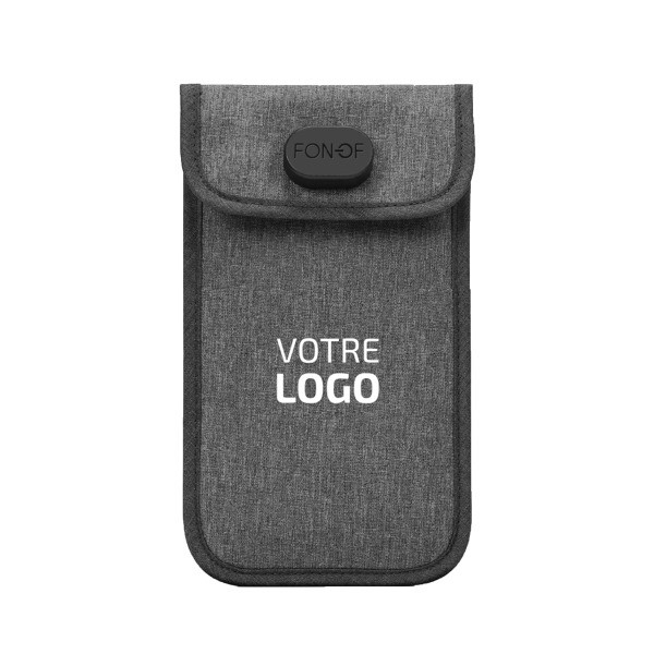 Gray fabric smartphone pouch with a lockable flap and anti-radiation features, displaying the text "VOTRE LOGO" in white at the center.