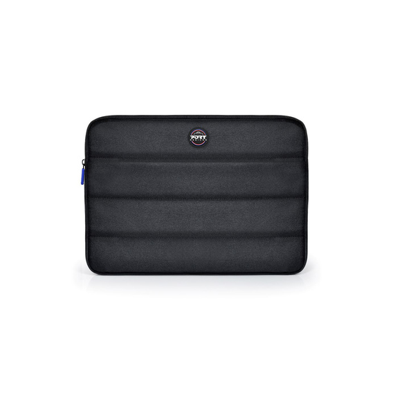 Black sleeve case for laptops, measuring 35.6 cm (14"), featuring a padded design, zip closure, and a logo badge on the front.