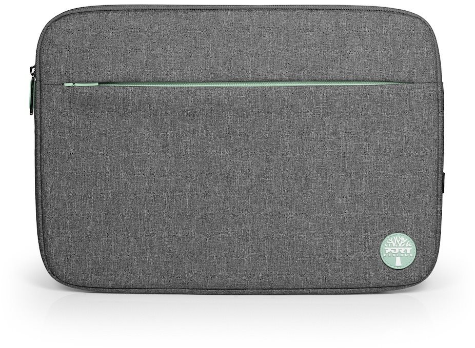Gray fabric laptop sleeve case with a smooth texture, featuring a front zip pocket and a green PORT DESIGNS logo on the bottom right corner, designed for 14-inch laptops.