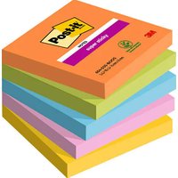 Square Post-It note pads in blue, green, orange, pink, yellow stacked, with Post-It logo on top.