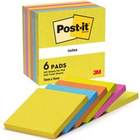Post-It Notes 76 mm x 76 mm, pack of 6, in vibrant colors with 3M logo, yellow, pink, blue, and green pads.