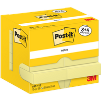 Pack of 8 Post-It Canary Yellow notes, 38x51mm, 100 sheets each, with "+4 Free" label, in a yellow box.