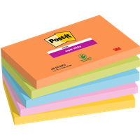 Stack of Post-It Super Sticky Notes in boost colors, 76x127mm, 90 sheets, with orange, green, blue, pink, and yellow pads.