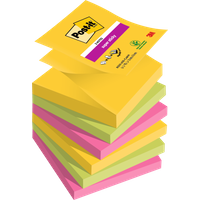 Stack of Post-It Super Sticky Z Notes in yellow, green, pink, 76x76mm, 90 sheets, Carnival Colours.