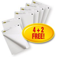 Post-It Super Sticky Meeting Chart Easel Pad, plain white, 635x762mm, 30 sheets, with "4 + 2 Free" label.