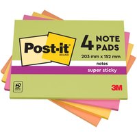 Post-It Super Sticky Meeting Pad, 152x101mm, 45 sheets, neon colors, with yellow, pink, and orange sheets visible.