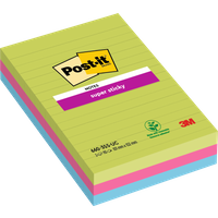 Post-It Super Sticky Notes, 102x152mm, ruled, 90 sheets, ultra colors, green top sheet with pink and blue layers.