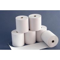 Six white rolls of Premier Vanguard THM80 thermal paper stacked on a blue background.