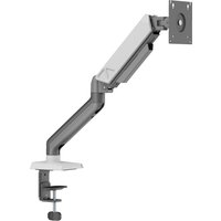 White and grey Properav desk mount for 17 to 32 inch monitors, featuring adjustable arm and clamp base.