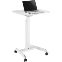 White ProperAV mobile desk trolley with gas spring height adjust, rectangular top, and four caster wheels.